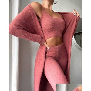 Femmes Survêtements Femmes 3 Pièces Tenues Ensemble Hiver Y Fuzzy Polaire Long Cardigan Scoop Cou Crop Débardeur Taille Haute Pantalon Loungewear D Dhly4