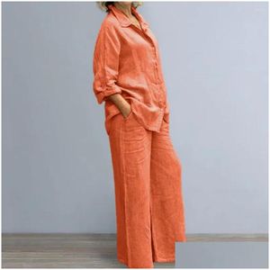Pantalones de dos piezas Camisa casual Juego de otoño de 2 piezas con un atuendo de pierna ancha de la solapa para una ropa de vestir de entrega de ropa Dhd1d