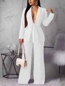 Pantalones de dos piezas para mujer Conjuntos de blazer blanco Elegante chaqueta con cordones Tops Recto Primavera Verano Con clase 2 trajes Fiesta de negocios Outwear 230209