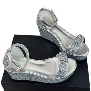 Sandalias de tacón con plataforma de cuña para mujer Zapatos de vestir de tul con purpurina de diseñador con pajarita Zapato de boda con hebilla ajustable en el tobillo con bolsas para el polvo Zapato de ocio al aire libre