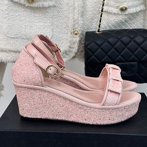 Sandalias de tacón con plataforma de cuña para mujer Zapatos de vestir de tul con purpurina de diseñador con lazo Zapatos de boda con hebilla ajustable en el tobillo Plata Rosa Verde Zapato informal al aire libre