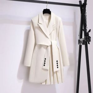 Femmes laine mélanges Blazer femmes printemps mode vêtements costume jupe veste ceinture taille mince Long manteau noir Blazers 230927