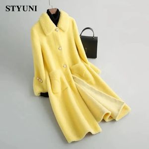Femmes laine mélanges jaune solide épais laine à manches longues taille haute avec ceinture boutons veste mode coréenne manteau hiver 231018