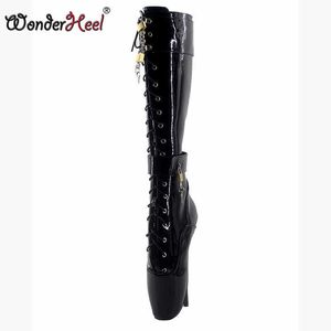 Wonderheel Ultra High Talon 18cm Talon Stiletto Noir Cadenas Verrouillables Genou Haute Ballet Bottes Sexy Fétiche Femmes Chaussures De Mode 210907