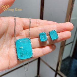 Wong Rain Luxury 100% 925 SERPLING SILPE PARAIBA TOURMALINE GEMMES GEMES EORRES PENDANT Collier de mariage Bijoux de mariage entier Q122476