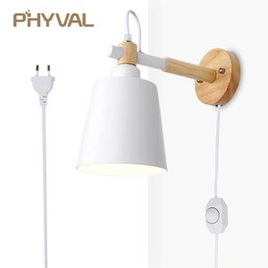 Lampe murale en bois Câble de ligne de lumière nordique avec interrupteur à bouton Lampes de gradateur pour chambre à coucher Salle à manger Lumières à incandescence 210724