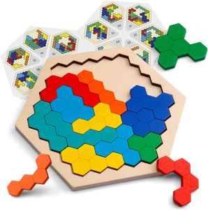 Puzzle Hexagone en Bois Jouet pour Enfant Adulte Forme Bloc de Motif Tangram Casse-tête Jouets Géométrie Logique IQ Jeu STEM Montessori Cadeau Éducatif pour Tous Les Âges Défi