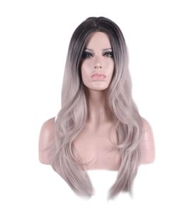 WoodFestival ombre gris perruque résistance à la chaleur femme partie perruque bouclés perruques synthétiques pour les femmes cosplay long gris noir fibre cheveux non7082508