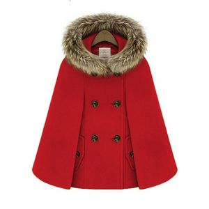 Laine Femme Élégant Poncho et Capes Manteau Femmes Capuche Col De Fourrure Double Boutonnage Hiver Lâche Rue Court Pardessus Rouge 201210