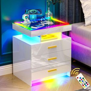 WOOVIVS Station de Chargement sans Fil RVB, LED 3 Tiroirs, Adapté aux Meubles de Chambre, Côté avec 24 Lumières de Couleur, Table de Chevet Moderne à Capteur Automatique (blanc)