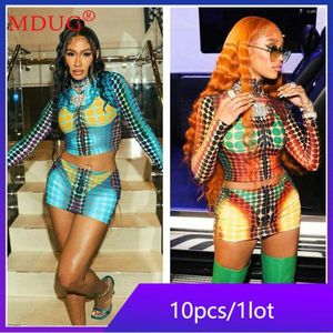 Robes de travail 10sets Mini Dress Sets Femmes D'été Sexy Moulante Imprimer Zip Y2k Tops Jupes 2 Pièce Club Streetwear Vêtements En Gros M11470