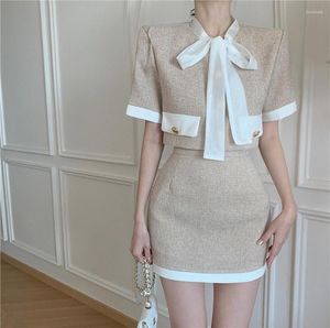 Vestidos de trabajo 2023 Corea elegante Fashion Ol Two Piece Set para mujeres Bowknot Crop Top Skirt 2 Sets Summer Outfits