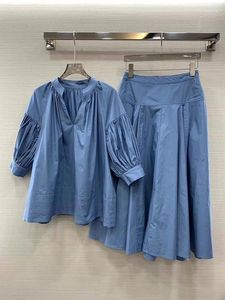 Robes de travail 2023 femmes mode costume manches lanternes droite haut ample grand pendule taille haute jupe longue 2 pièces ensemble 0512