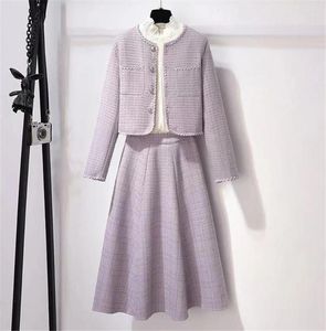 Vestidos de trabajo 2024 Primavera Elegante Tweed Plaid Falda Conjuntos Mujeres Dulce Chic Púrpura Chaquetas de lana y faldas largas Traje Trajes femeninos coreanos