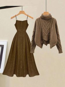 Work Dresses Autumn Winter Dress Sets For Women Outfits Ladies Warm Turtleneck Twist Knitted Sweater And Straped Two Piece 2023