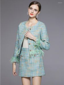 Robes de travail automne hiver Tweed plume d'autruche all-match vert jupe costume femmes Plaid veste courte manteau Mini laine 2 pièces ensemble