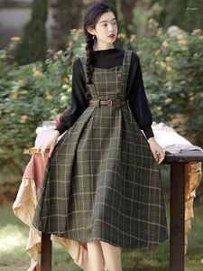Robes de travail automne hiver femme tenues design vintage tricoté pull noir hauts rétro robe de réservoir à carreaux avec ceinture femmes 2 pièces ensemble
