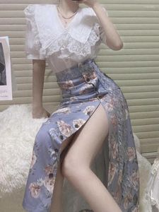 Robes de travail élégantes et Sexy pour femmes, chemise en dentelle, rétro fourchue, jupe taille haute, costume Harajuku, beauté glacée, fesses florales, été