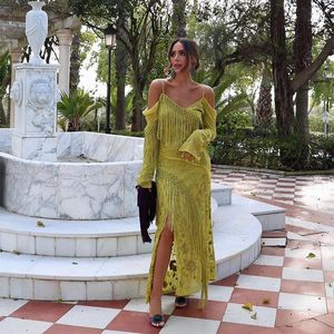 Vestidos de trabajo Bordado Tassles Patchwork Sling Maxi Vestido Mujeres Vestidos Vestidos de manga larga Vestidos Fashion Street Roll