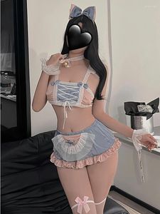 Robes de travail jupes de mode Lingerie Blue Lingerie Sexy Maid Sweet Soft Girl JK Uniform Bandage Off Bounder Top Two Piece Jupe Diw4