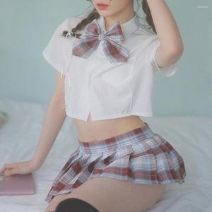 Vestidos de trabajo Chica Estudiante JK Uniforme Mujeres Lencería sexy Japonés Dulce Cuadros Disfraces de cosplay Mini falda Blusa Conjunto Babydoll Vestido Sexo