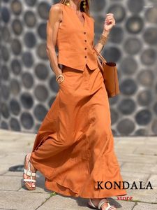 Robes de travail Kondala Office Lady Orange 2 pièces Costumes pour femmes Col en V Gilet Blazer Taille haute Jupes longues en vrac Mode 2023 Été élégant
