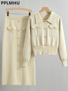 Robes de travail coréennes moulantes jupes en tricot conjunto femmes chic col polo pull court cardigan 2 pièces ensembles taille haute mince mi faldas