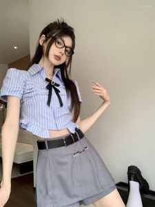 Arbeit Kleider Koreanische College Stil Anzug Bogen Plissee Kurzen ärmeln Hemd Hohe Taille Schlank Rock Zwei-stück Set Mode weibliche Kleidung