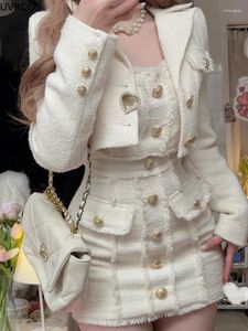 Robes de travail Style coréen Elegant Vintage Two Piece Set Femmes Sweet Laine en laine courte Vestes Tassel Design Mini robe Suit Femme Femme