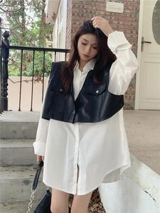 Vestidos de trabajo Estilo coreano Largo suelto Cuello vuelto Camisa con mangas Chaleco de cuero Conjunto de dos piezas Moda Mujer Ropa Blusas blancas