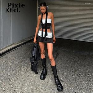 Robes de travail PixieKiki Street Fashion Sexy Deux pièces Noir Blanc Patchwork Tube Top et Mini Jupe Ensembles 2023 Femmes Tendance P71-BH20