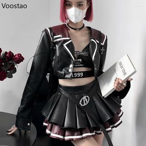 Robes de travail Sexy gothique Pu jupe en cuir ensembles femmes décontracté Y2k Moto Biker vestes courtes Mini costume plissé femme coréenne 2 pièces ensemble