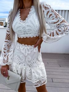 Work Dresses Skirt Set Guipure Patch With Cami Lace Embroidery Suit Women Matching Sets White Crop Top Mini Sexy Slim Two Piece