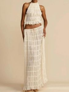 Robes de travail Blanc Maxi Jupe Ensemble 2024 Sans Manches Dos Nu Court Halter Tops Cordon Jupes Longues Élégant Mode 2 Pièces Ensembles