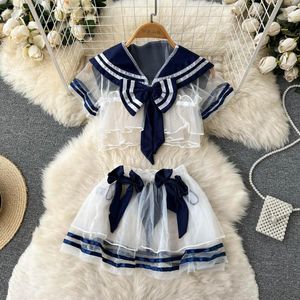 Work Dresses Womans Clothes For 2023 Japanese Pajamas Lingerie Kawaii Fashion Sex Suit Mesh Short Top And Sexy Two Piece Mini Skirt Sets