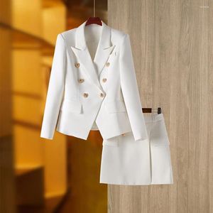 Vestidos de trabajo Mujeres de negocios Casual Blazer blanco Chaqueta Mini Falda Traje Slim Formal Office Lady Sólido Manga larga Conjuntos de abrigo Trajes