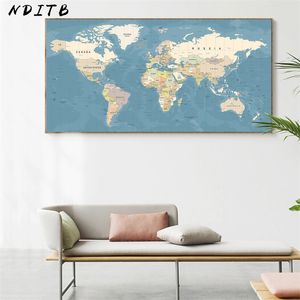 Cuadro decorativo de mapa del mundo, póster Vintage de lienzo, arte de pared nórdico, pintura de gran tamaño, decoración moderna para estudio, oficina y habitación 210310