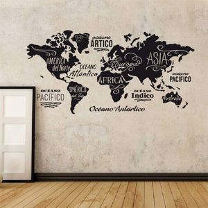 Carte du monde en mots Autocollant mural en vinyle Océans et continents en espagnol Décoration murale Stickers DIY Décoration de maison pour salon 210929