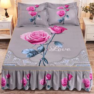 WOSTAR Rosa rosa flor impresa falda de cama pareja boda colcha 150/180 ropa de cama 2 personas sábana doble de lujo tamaño king 240314