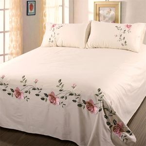 WOSTAR Rose flora bordado diseño sábana plana color sólido algodón sarga ropa de cama textiles para el hogar de lujo tamaño queen king 220217