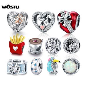 WOSTU 925 SSterling Silver Family Heart Coffee Charms Bead for Original Bracelets Necklace DIY Jewelry To Poland Q0531