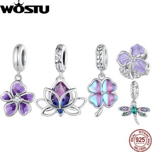 Wostu 925 Serling Silver Purple Lotus Flower Charm Gradient Clover Dragonfly Pendant Fit Bracelet Bracelet ACCESSOIRES
