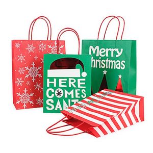 Enveloppez Noël avec poignée Sacs de kraft vert rouge Stripe Snowflake Imprimé de Noël Sac en papier cadeau Souety