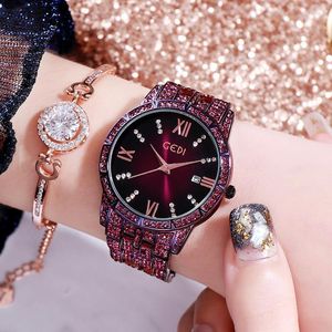 Relojes de pulsera 2023 Top Purple Diamond Relojes Crystal Fasihon Número romano Calendario Vestido Reloj para mujer Impermeable Girl's Gif