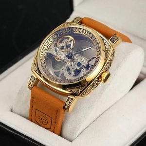 Muñecos de pulsera 2024 Forsining Mechanical Watch Men Transparent Skeleton Case de acero vintage automático Relojes Relogio