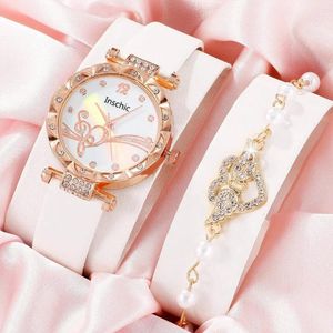 Mujeres de pulsera 2 PCS Fashion Fashion Casual Star Butterfly Belt Digital Rintone Quartz Watch Love Crystal Pearl Bracelet Gift Gift Set