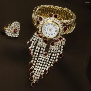 Montre-bracelets 2pcs Set Watch for Women Watches 2024 Luxury Women's Rhinestone Diamond Tassel Fashion Bracelet polyvalent A Love Ri