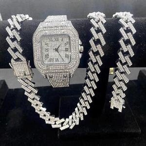 Montres-bracelets 3pcs montres glacées pour hommes montre en or quartz 15mm chaînes à maillons cubains bracelet colliers diamant bijoux homme reloj2728