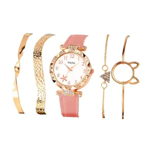 Relojes de pulsera 5 unids / set moda negocios mujeres relojes damas vestido de cuero reloj de cuarzo pulsera reloj de pulsera elegante y bonito