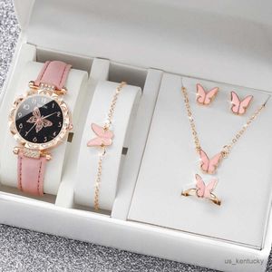 Montre-bracelets 5pcs / set Fashion Rhingestone Butterfly Women Jewelry Set Femme Leather Band Ladies Clock Without Box